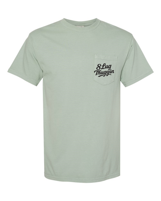 Comfort Colors Bay t-shirt with the 8 Lug Thuggin logo on the left chest pocket.