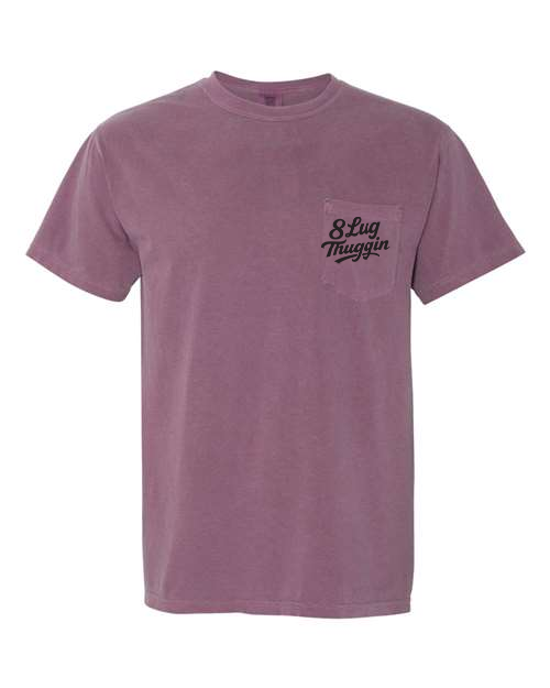 Comfort Colors Berry t-shirt with the 8 Lug Thuggin logo on the left chest pocket.