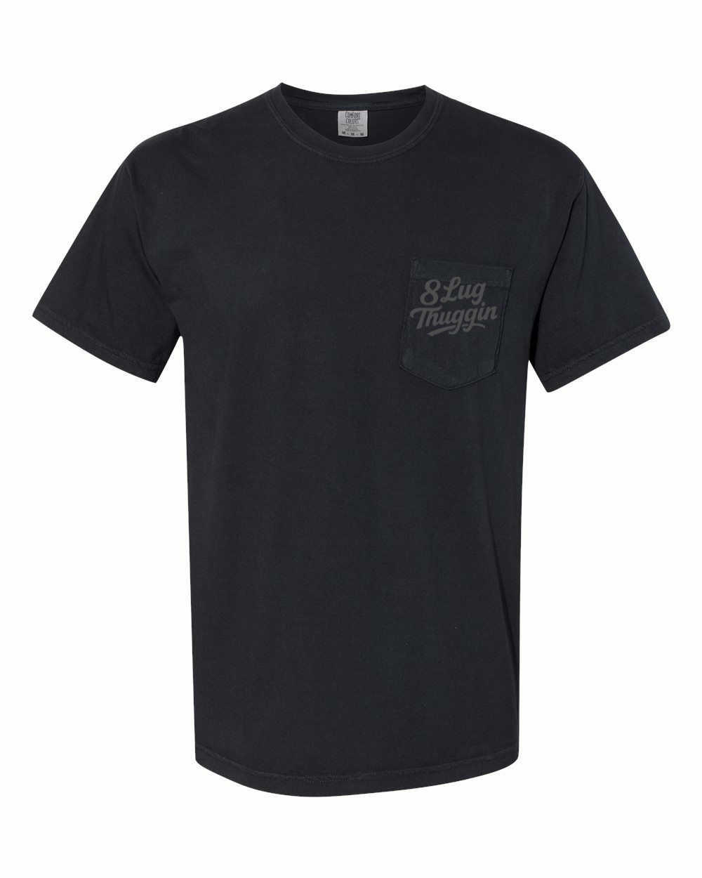 Comfort Colors Black t-shirt with the 8 Lug Thuggin logo on the left chest pocket.