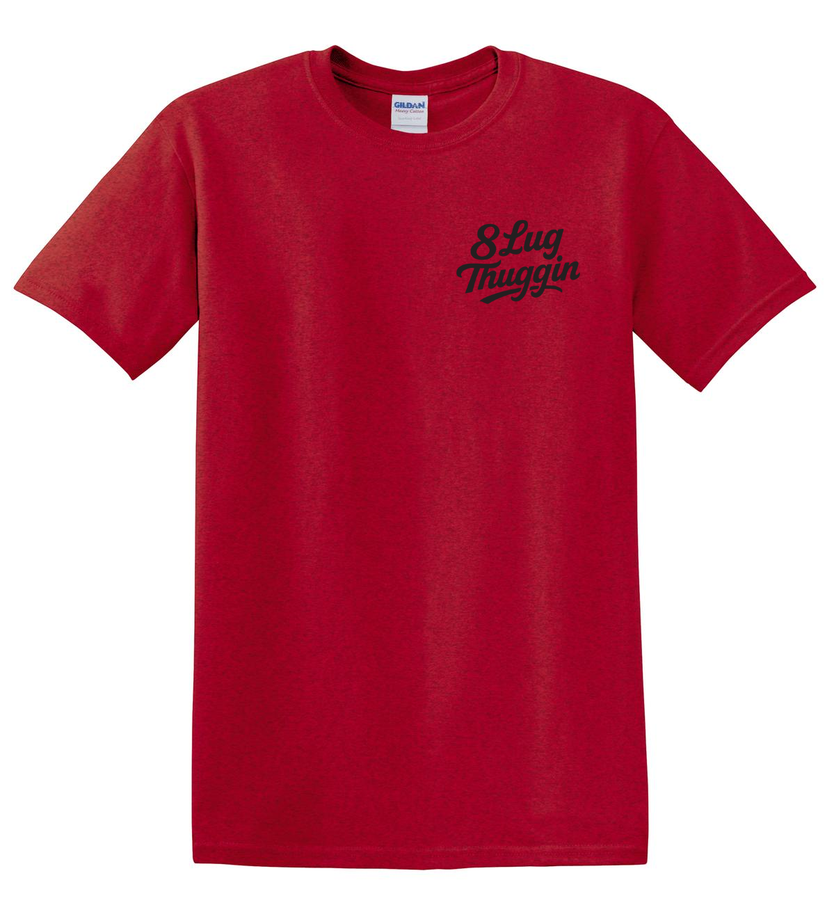 Gildan 5000 t-shirt in Antique Cherry Red with the 8 Lug Thuggin logo on the left chest pocket in black.