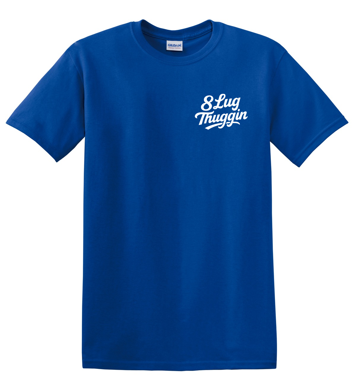 Gildan 5000 Royal blue shirt with the 8 Lug logo on the left chest in white.